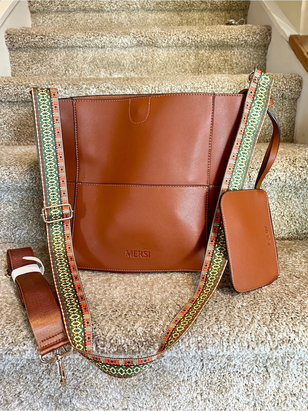 MERSI Cognac Leather Tote with Patterned Crossbody Strap